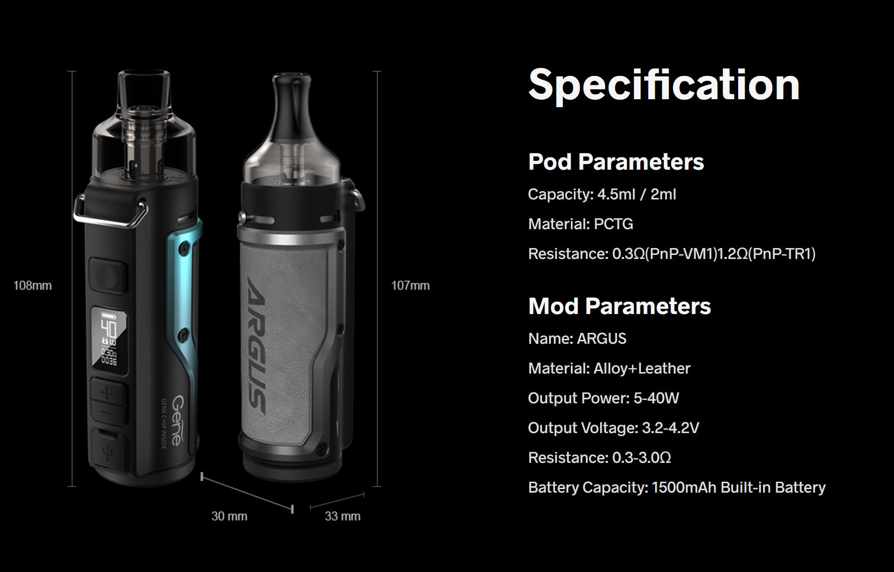 VOOPOO Argus 40W grip 1500mAh Full Kit Litchi Leather and Blue 1ks