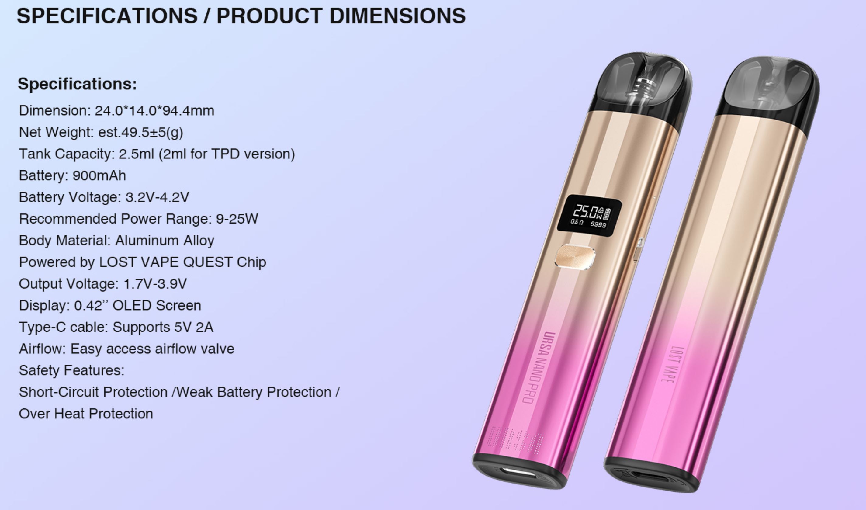 Lost Vape Ursa Nano Pro Babe Pink 900 mAh 1 ks