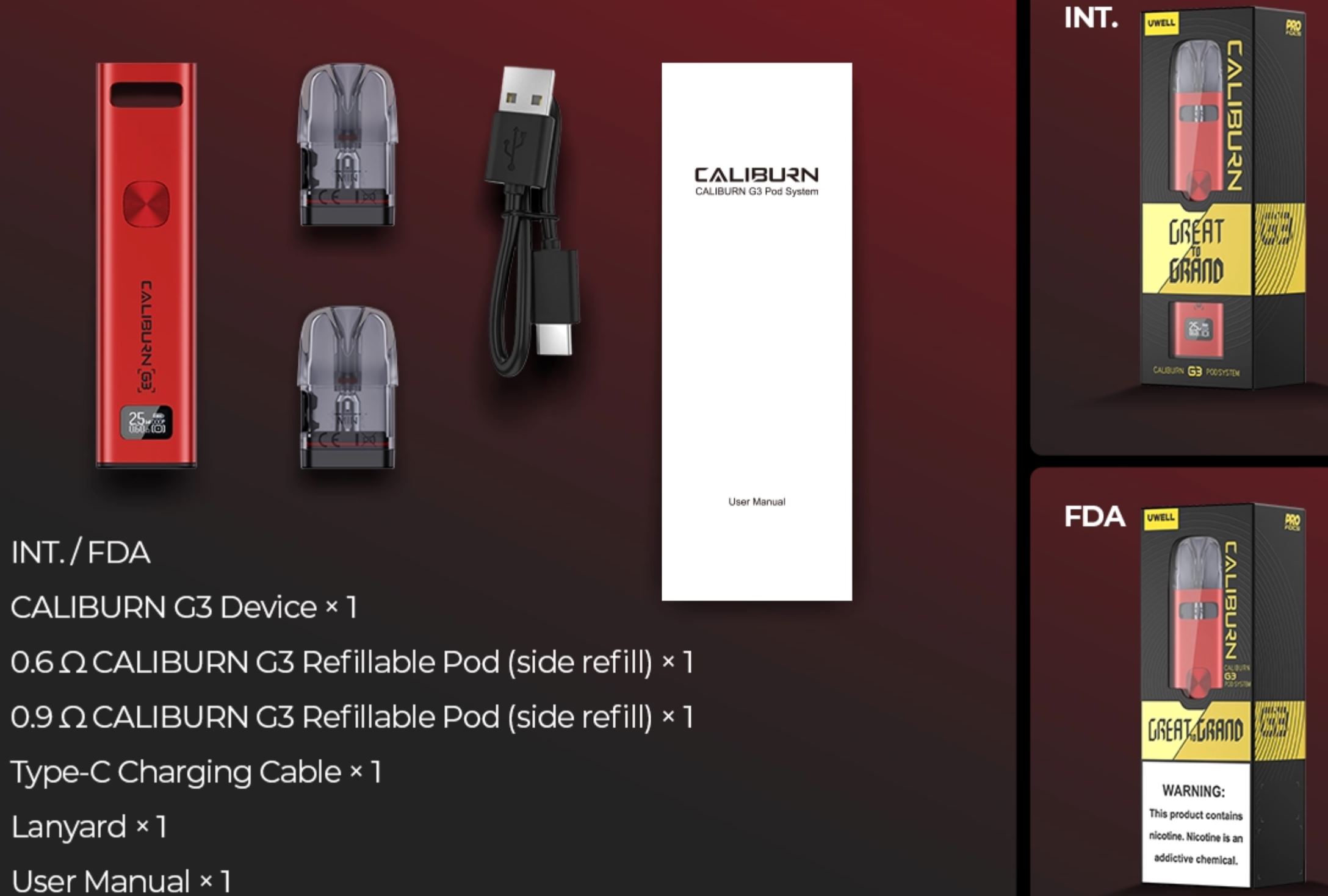 Uwell Caliburn G3 900 mAh Red 1 ks